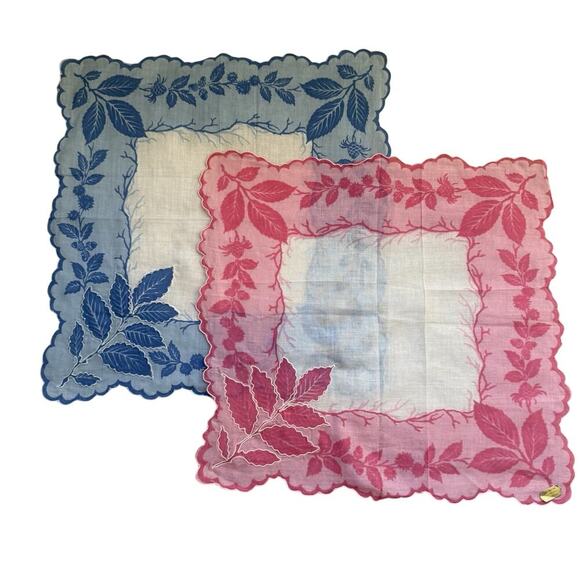 Unbranded Accessories - Vintage 1950s Philippine Embroidered Leaf Cotton Handkerchief Set Of 2 Blue Pink